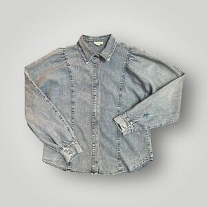 Aaron & Amber Acid Wash Denim Puff Sleeve Button Up Shirt Womens Small Casual